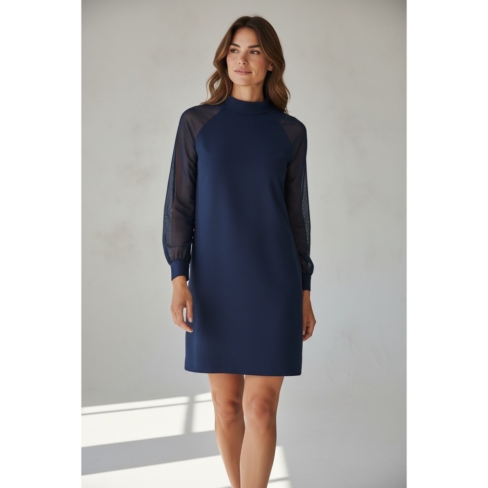 White House Black Market Navy Blue Mock Neck Sheer‎ Sleeve Sweater Dress Size S